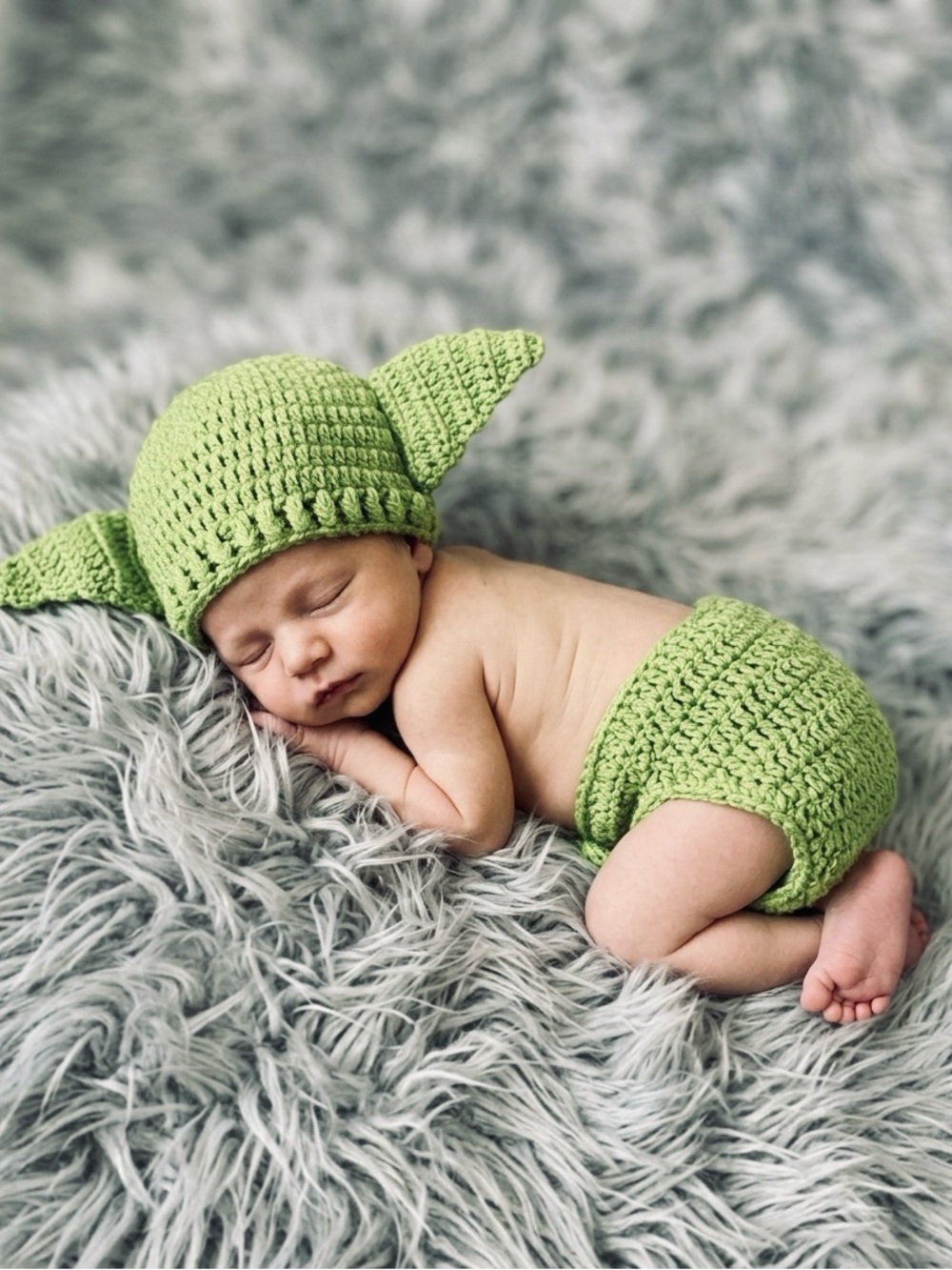 Green Crochet Baby Hat with Ear Details and Matching Diaper Cover